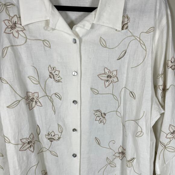 Vintage C B STUDIO Womens XL 100% Linen Floral Embroidered Long Sleeve Button Up - Picture 2 of 8